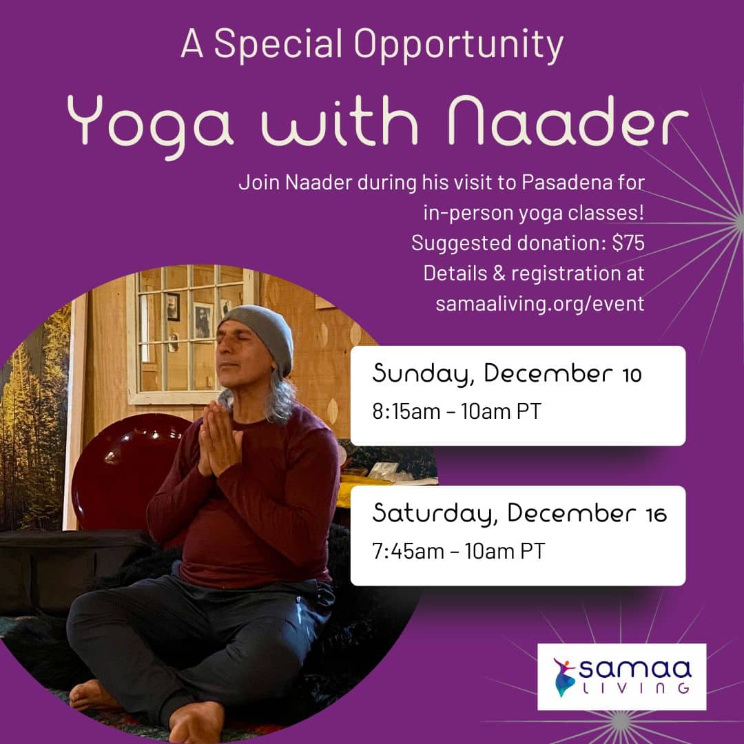 Yoga with Naader advertising graphic for special classes on December 10 and December 16